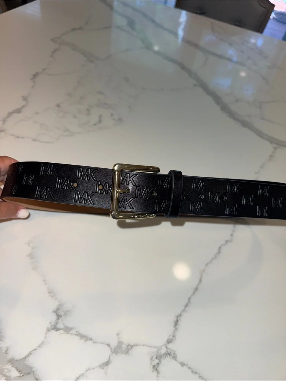 Michael Kors Black Embossed MK Leather Belt with Gold Buckle